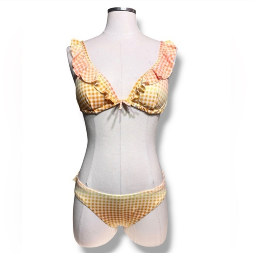 LUCKY BRAND Yellow & Orange Optic Print Riot Ruffle Bikini Size Small